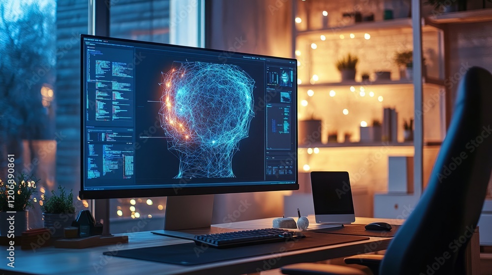 Poster large screen on a home computer displaying an image generated by ai, empty chair emphasizing the abs