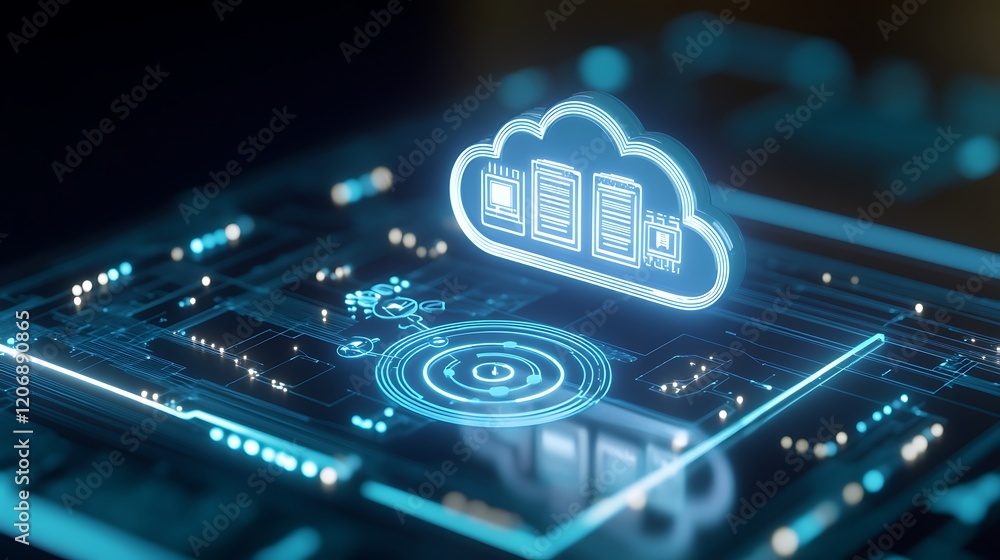Poster futuristic cloud computing concept with digital circuit board and data storage visualization