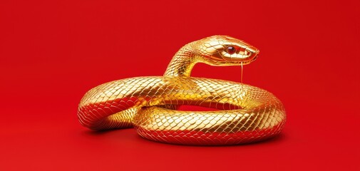 Fototapeta premium Glistening golden snake sculpture creative studio digital art vibrant red background close-up view artistic representation