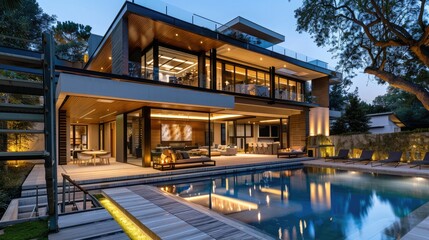 Luxury modern house with pool, evening.