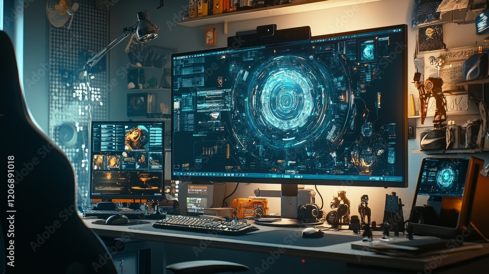 Poster large screen on a home computer displaying an image generated by ai, empty chair emphasizing the abs