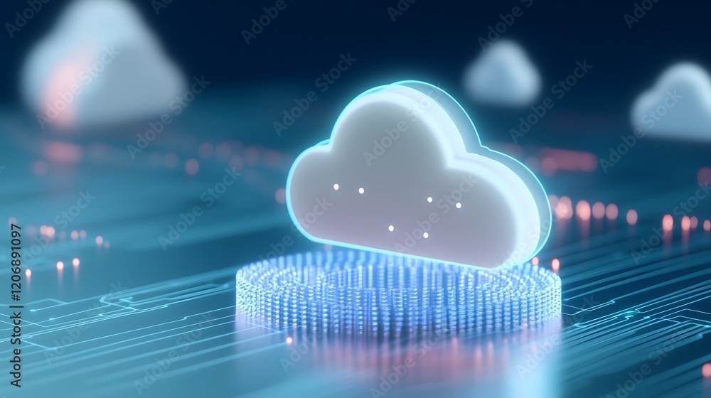 Poster futuristic cloud computing concept with digital circuitry and glowing elements on dark background
