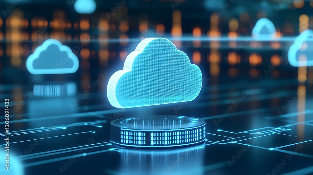 Poster futuristic cloud computing concept with digital data connections and neon effects in technology back