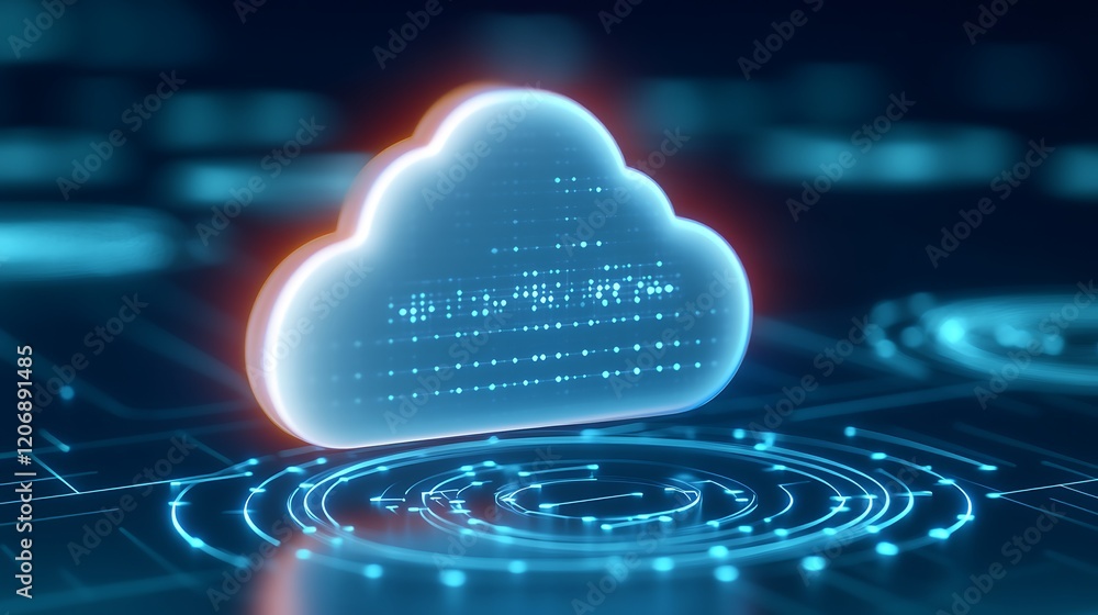 Poster futuristic cloud computing concept with digital data and technology interface in blue and neon eleme
