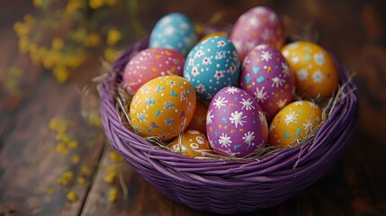 Colorful Easter eggs nestled in a vibrant purple basket surrounded by spring flowers on a rustic wooden table