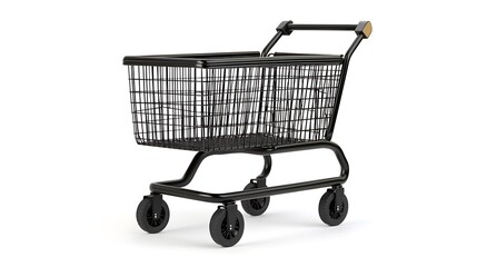  A black shopping cart with a metal wire mesh design, wheels, and a handle, placed against a white background.