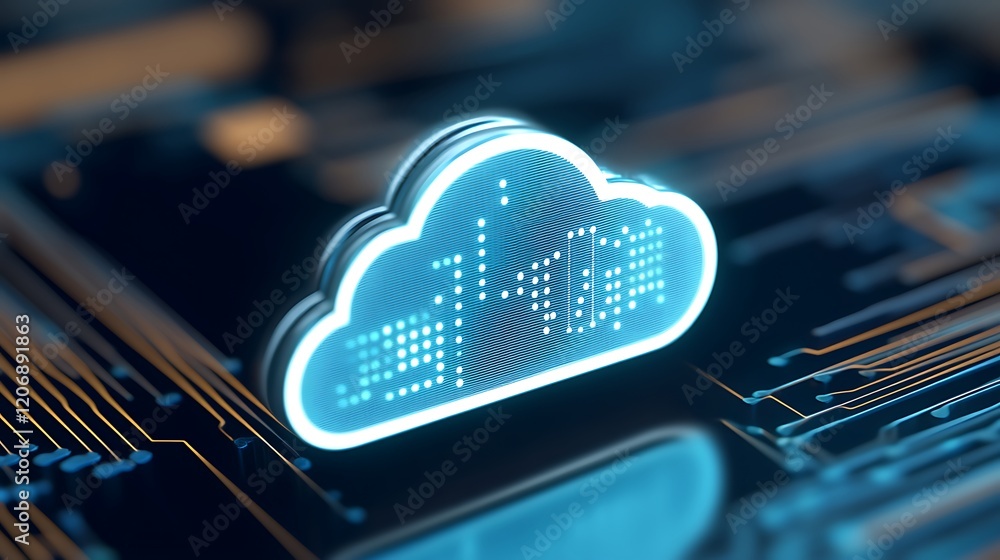 Poster futuristic cloud computing concept with digital elements and neon lights on circuit board background