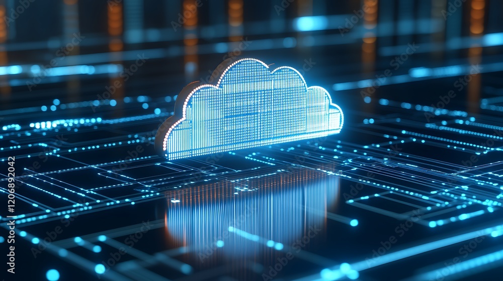 Poster futuristic cloud computing concept with digital network connections and data flow visuals