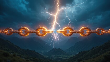A glowing chain broken by a lightning strike over a valley, representing liberation through environmental responsibility.
