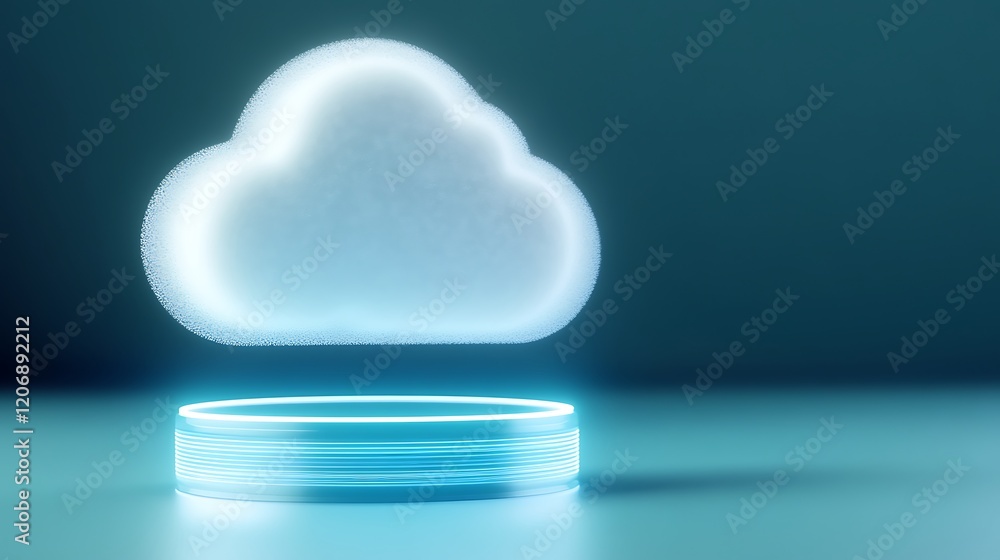 Poster futuristic cloud computing concept with glowing 3d cloud over circular base on soft blue background
