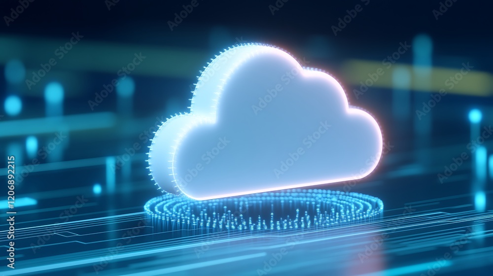 Poster futuristic cloud computing concept with glowing cloud icon and digital network background in blue to