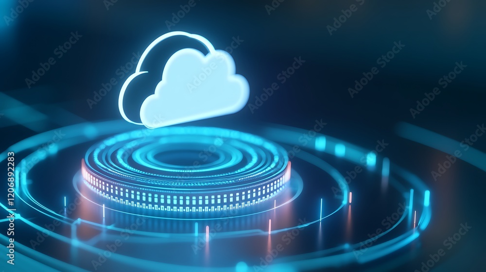 Poster futuristic cloud computing concept with glowing elements and digital circles over dark background