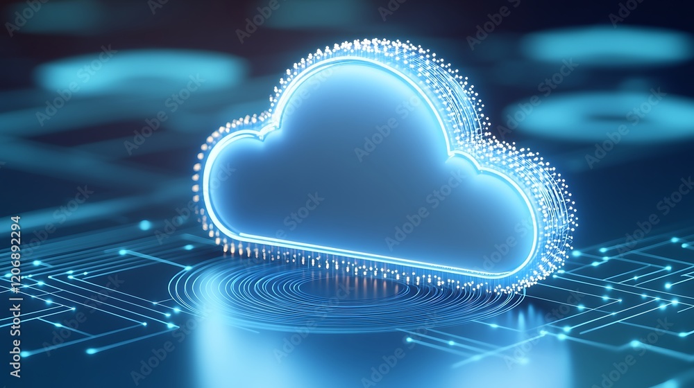 Poster futuristic cloud computing concept with glowing elements and digital circuit patterns in technology 