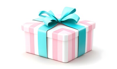Fototapeta premium Pink-striped gift box with teal bow, isolated, white background, present