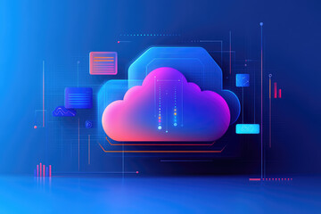 Blue abstract cloud computing network illustration, showcasing interconnected global systems with a modern flat design aesthetic.