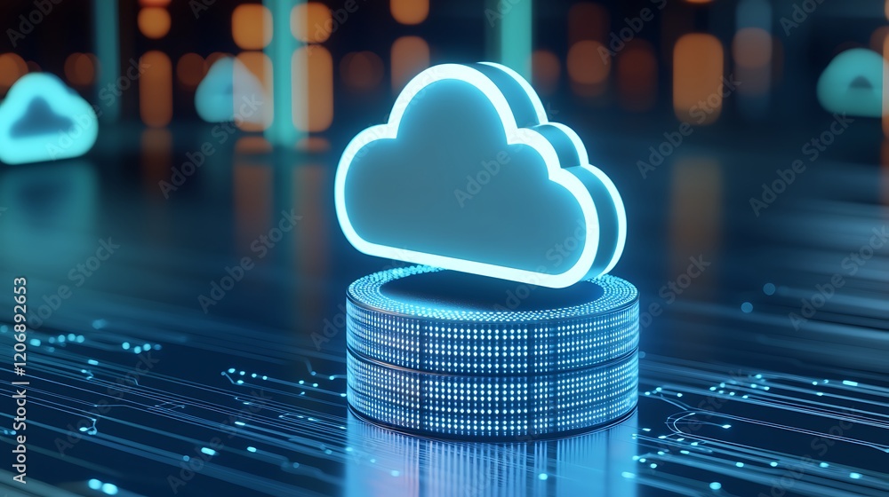Poster futuristic cloud computing concept with neon glow and digital elements on a vibrant background