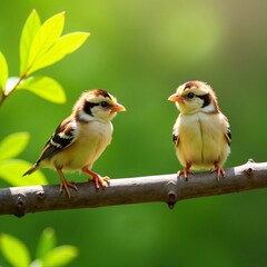 Two adorable baby birds perched on a branch, surrounded by lush green foliage.