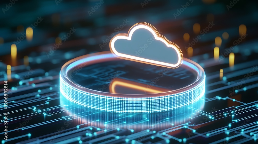 Poster futuristic cloud computing concept with neon light effects and digital circuit background