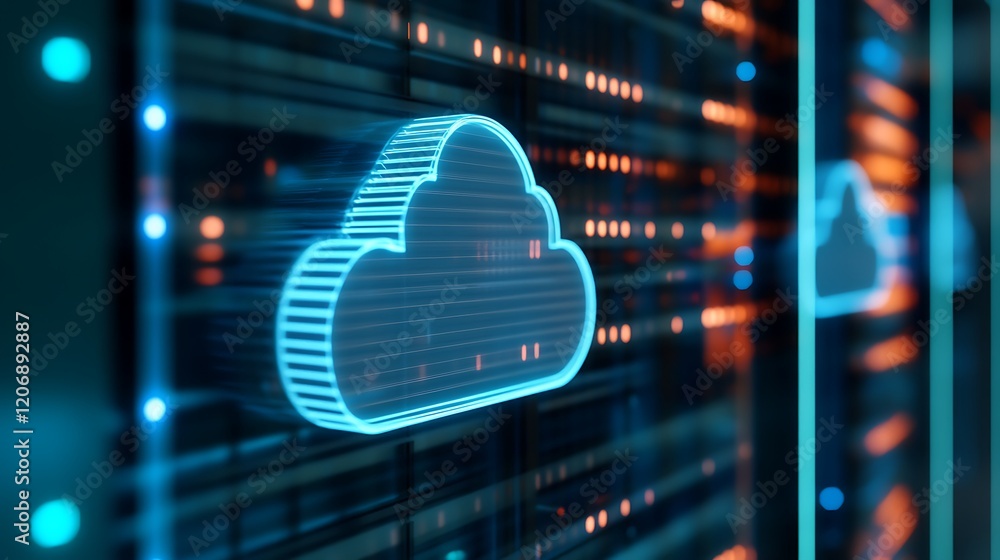 Poster futuristic cloud computing concept with neon lights and data storage visualization in a server room