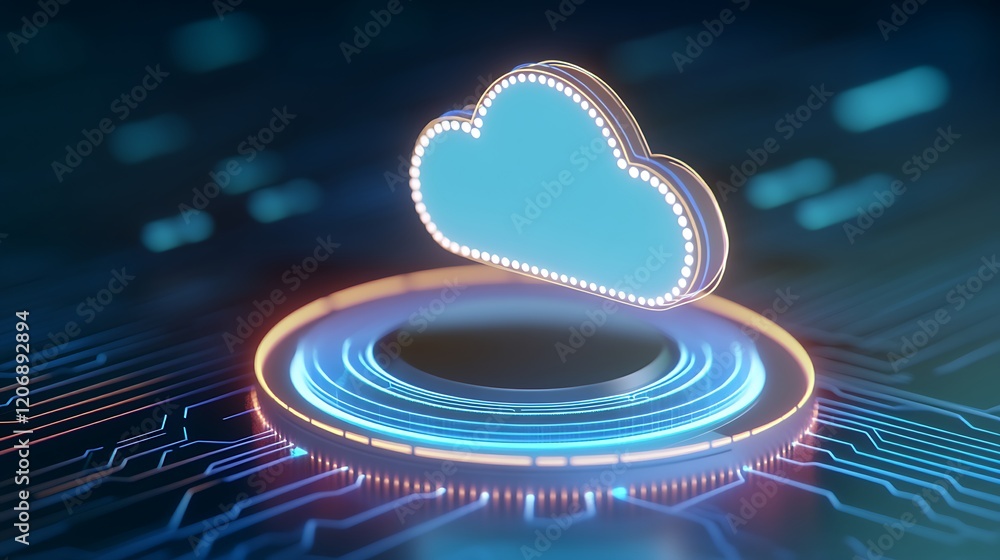 Poster futuristic cloud computing concept with neon lights and circuit board design for digital technology 