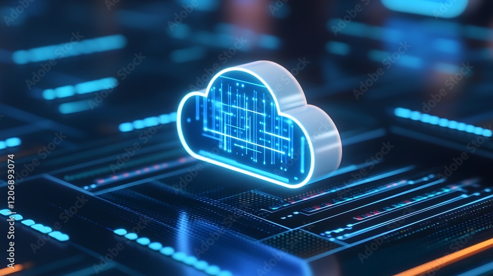 Aufkleber futuristic cloud computing concept with neon lights and digital circuitry on a dark background