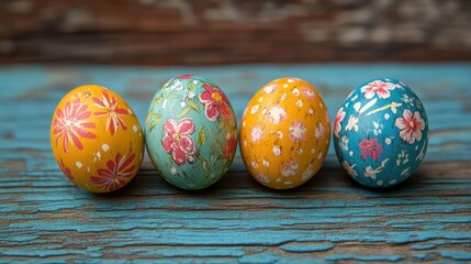 Beautifully decorated Easter eggs resting on a vibrant blue wooden table with intricate floral designs