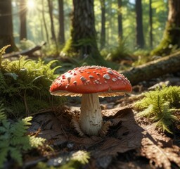 Amanita Muscaria spore print on a leaf in a dense oak forest with sunlight filtering through the trees , oak forest, fungi, nature