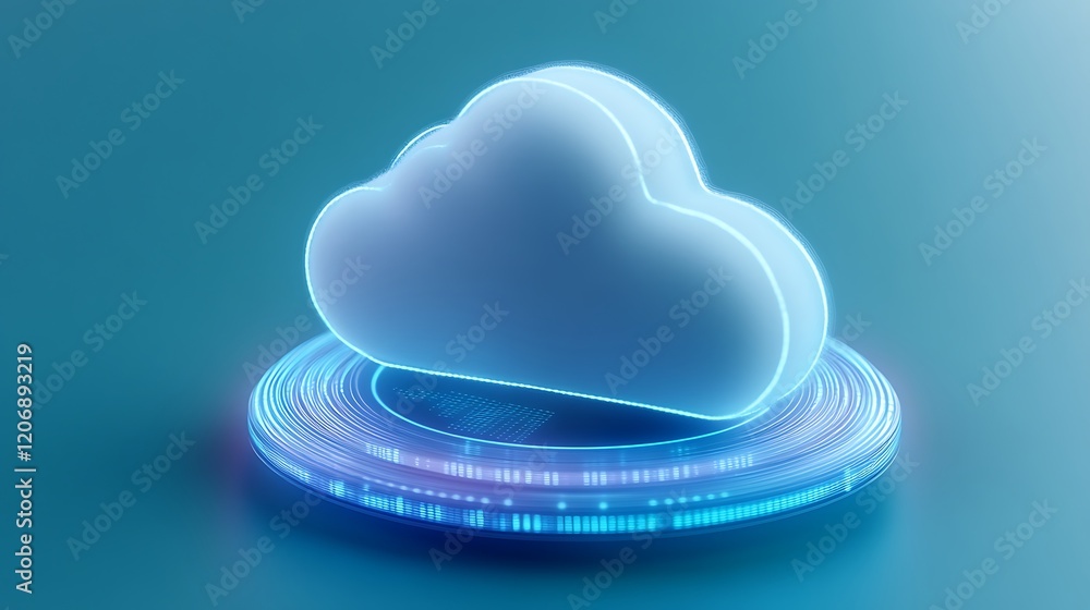 Poster futuristic cloud computing graphic with neon effects and digital elements on a blue background