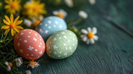 Obraz premium Colorful decorative eggs nestled among vibrant spring flowers and greenery for a joyful Easter celebration