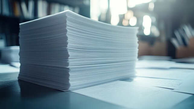 Stack of papers organized neatly on a wooden table in a bright office setting