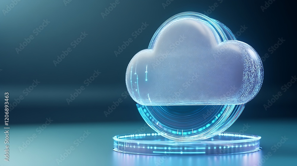 Poster futuristic cloud computing icon with digital effects and glowing blue background for technology conc