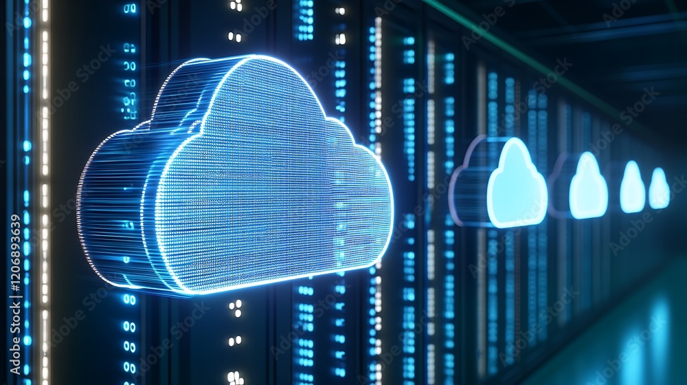 Poster futuristic cloud computing network with digital clouds and data storage in high-tech server facility