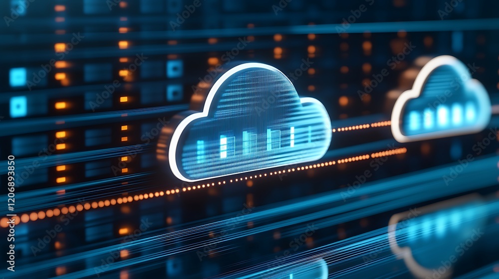 Poster futuristic cloud computing technology with digital data flow and transparent cloud icons in blue lig
