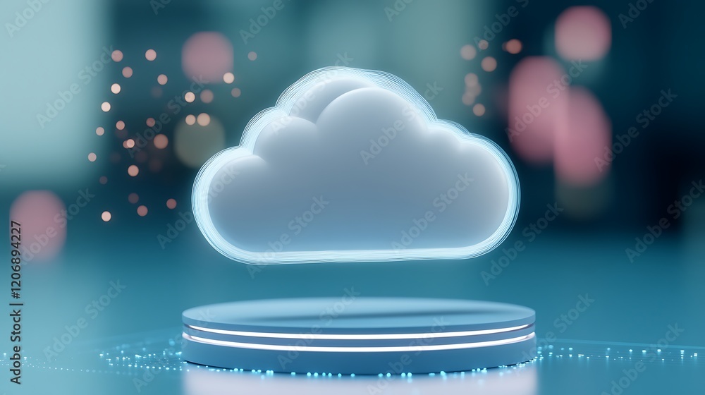 Poster futuristic cloud icon displayed on a floating platform surrounded by glowing particles and abstract 