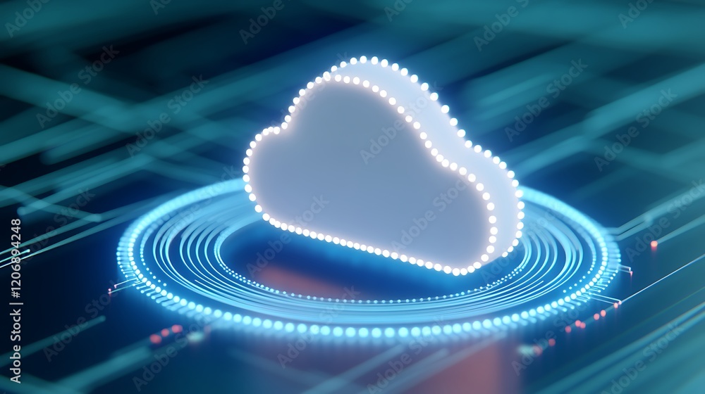 Poster futuristic cloud icon illuminated with circuits and lights on a digital interface background
