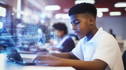 Fototapeta premium A student in a classroom learns AI and cybersecurity concepts through augmented reality (AR), visualizing real-time coding data and AI-driven security systems as they engage in int