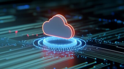 Futuristic Cloud Icon Above Digital Circuit Design with Neon Glow and Data Flow in Technology Background