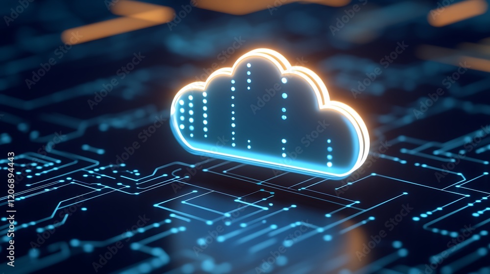 Poster futuristic cloud icon on circuit background representing digital data storage and advanced technolog