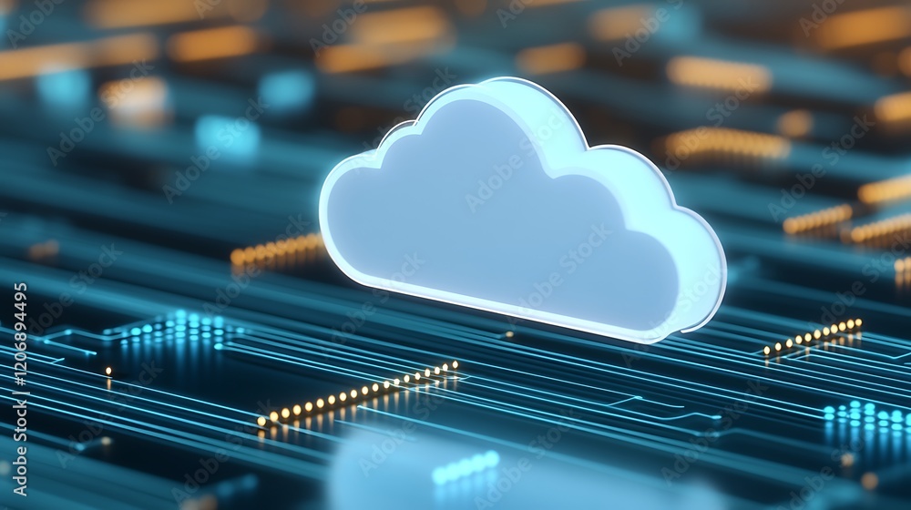 Poster futuristic cloud icon on abstract digital circuit background with glowing lights and technology elem