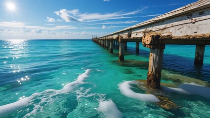 Obraz premium A wooden pier juts out into the sea on a clear summer day.