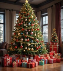 A stunning Christmas tree with multiple layers of ornaments and a large number of gifts underneath , grandeur, towering branches