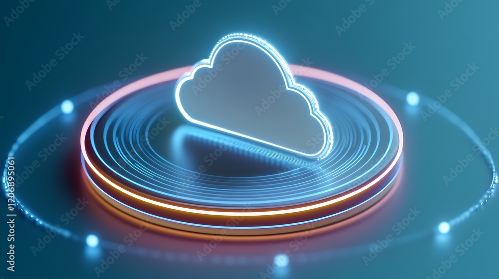 Poster futuristic cloud icon surrounded by neon circular lines on a digital background representing technol