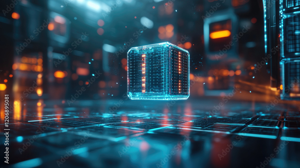 Poster futuristic data storage environment, floating cubes and holographic grids illuminated with a blue an
