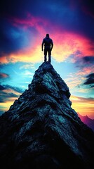Man Standing on Mountain Peak at Sunset Vibrant Sky Colorful Cloudscape Dramatic View