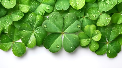 Fototapeta premium Dewdrops adorn vibrant green shamrocks leaves background