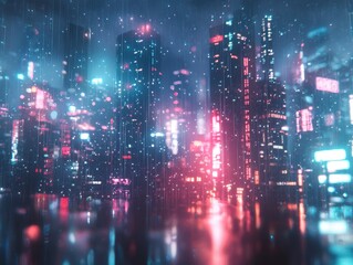 Obraz premium A neon cyberpunk backdrop with glowing grids and holographic data streams cascading down like a digital waterfall. The colors pulse in vivid shades of electric blue and magenta. 