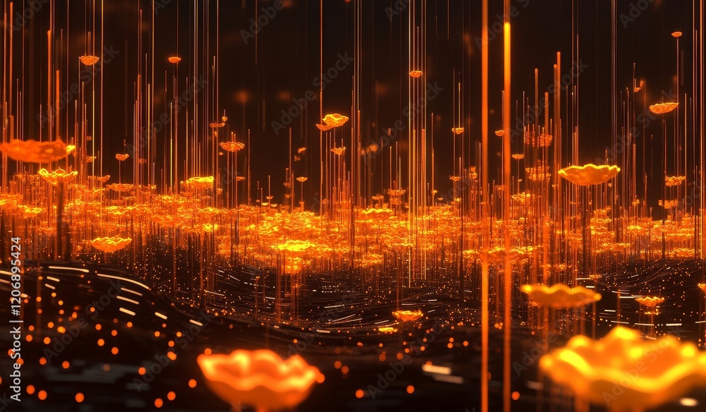 Poster glowing orange abstract digital landscape with floating lights and lines.