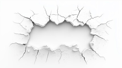 Obraz premium hole in white paper with a cracked wall and dust, isolated on a white background