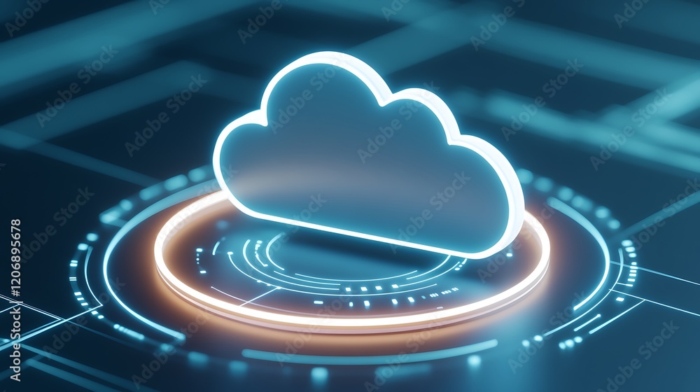 Poster futuristic cloud icon with neon glow in digital sphere representing cloud technology and data storag
