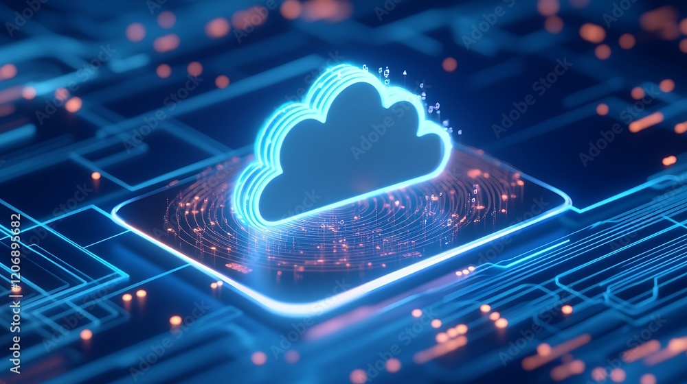 Poster futuristic cloud icon with neon circuit background representing digital technology and data storage 